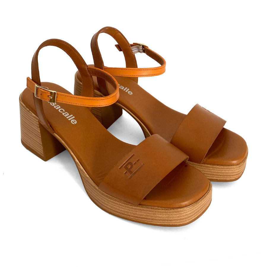 Sandalias de plataforma para mujer en piel camel y mango: imagen 3