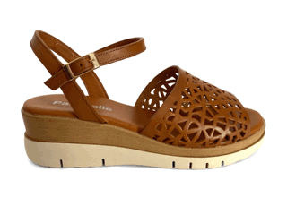 Sandalias de cuña para mujer en piel camel