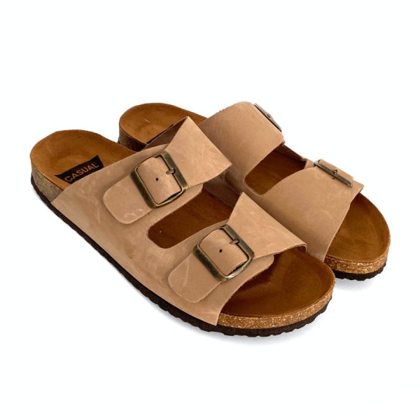 Sandalias bio de hombre en piel nobuk taupe con hebillas