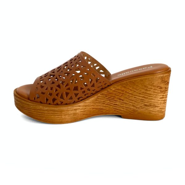 Sandalias de cuña con plataforma para mujer en piel camel
