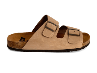 Sandalias bio de hombre en piel nobuk taupe con hebillas