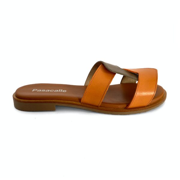 Sandalias bajas para mujer en piel mango y kaki