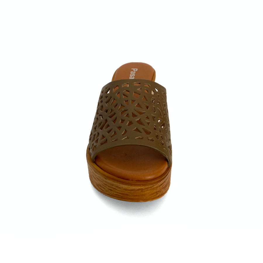 Sandalias de cuña con plataforma para mujer en piel kaki: imagen 4