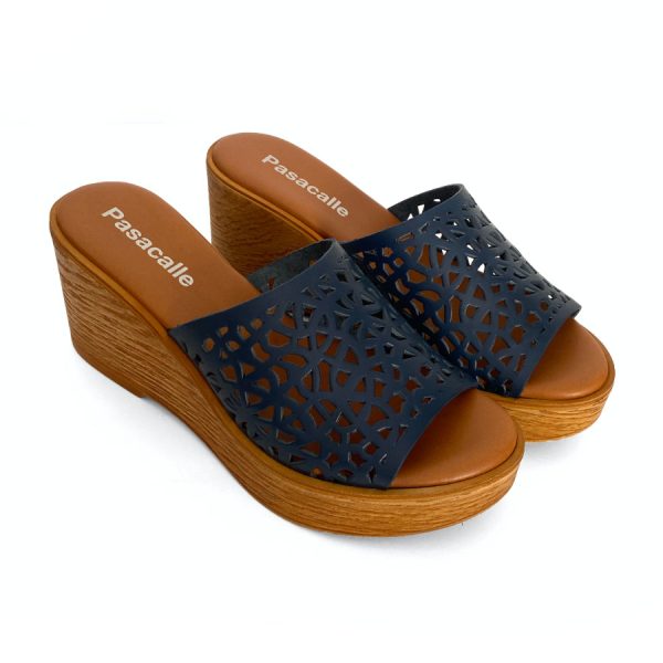 Sandalias de cuña con plataforma para mujer en piel marino