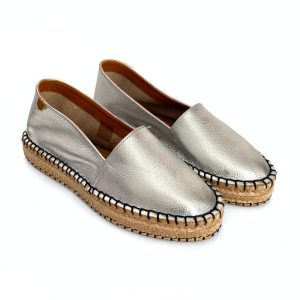 Camping de yute doble plano para mujer en piel metal plata