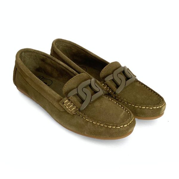 Mocasines bajos de piel musgo para mujer