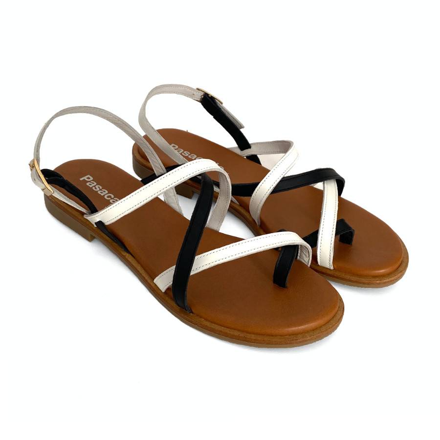 Sandalias bajas para mujer en piel blanco y negro: imagen 1