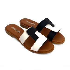 Sandalias bajas para mujer en piel blanco y negro