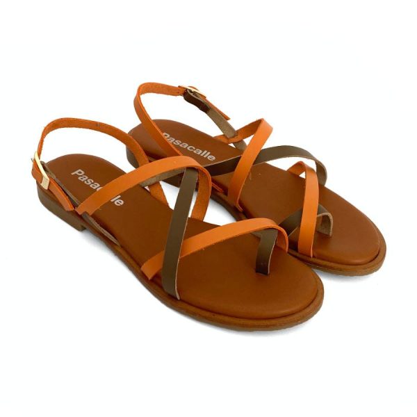 Sandalias bajas para mujer en piel mango y kaki