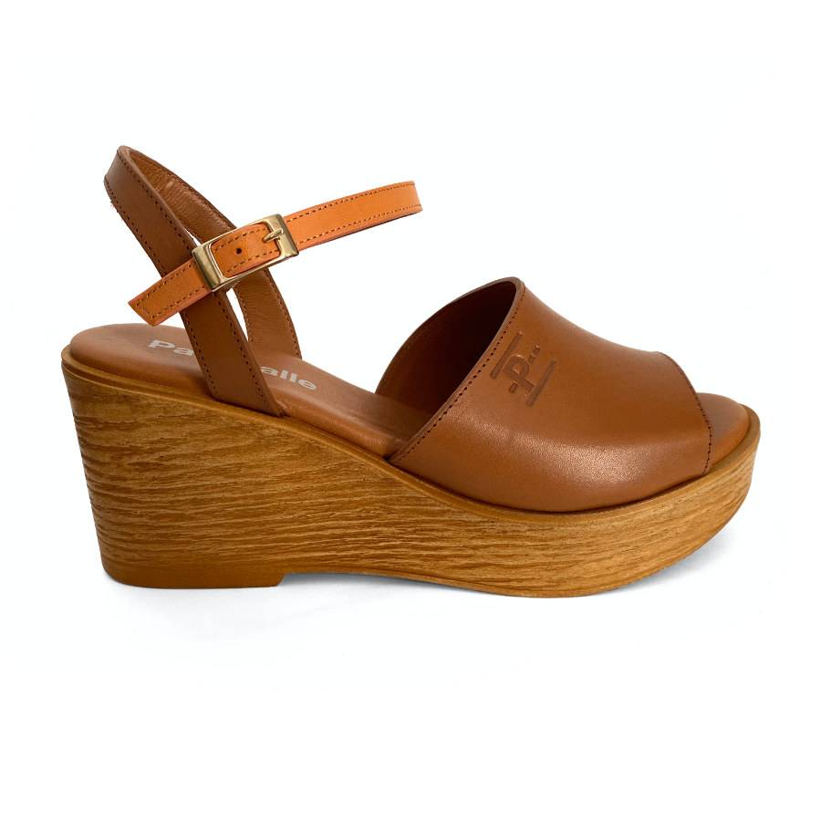 Sandalias de cuña con plataforma para mujer en piel camel: imagen 1