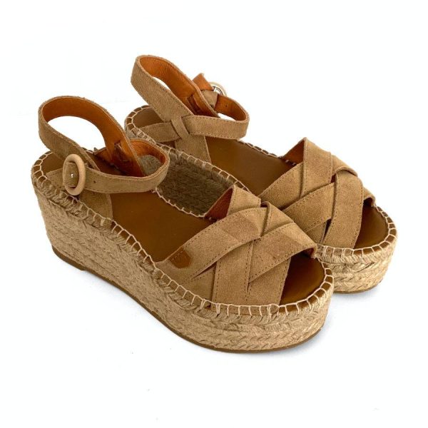 Sandalias de cuña en yute con plataforma para mujer en piel beige