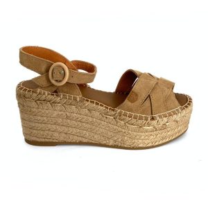 Sandalias de cuña en yute con plataforma para mujer en piel beige
