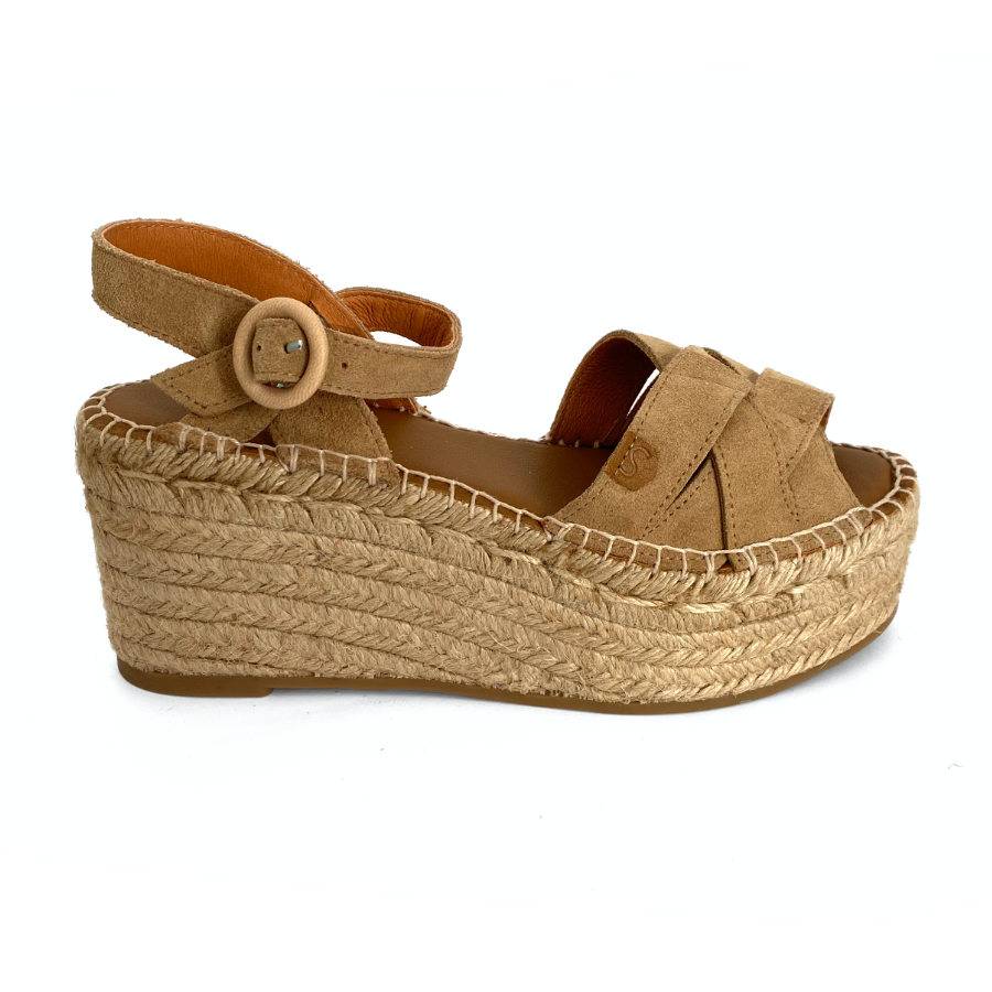 Sandalias de cuña en yute con plataforma para mujer en piel beige: imagen 1