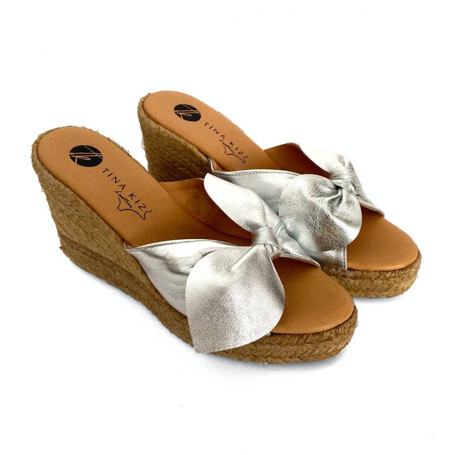 Sandalias mulé de cuña en yute para mujer en piel plata: imagen 2