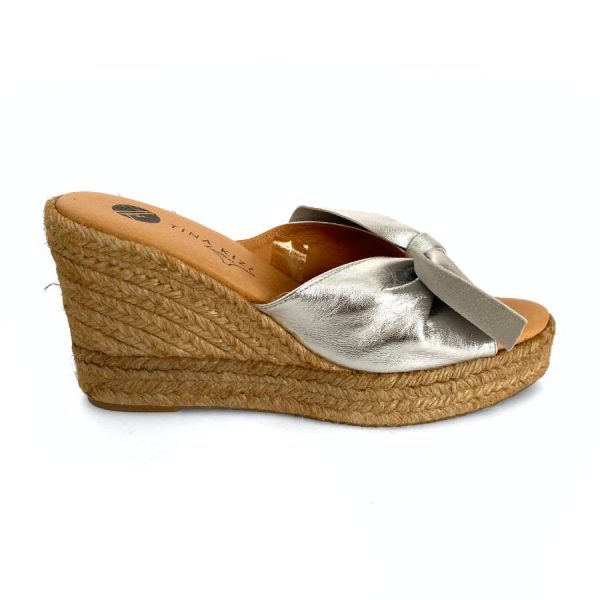Sandalias mulé de cuña en yute para mujer en piel plata