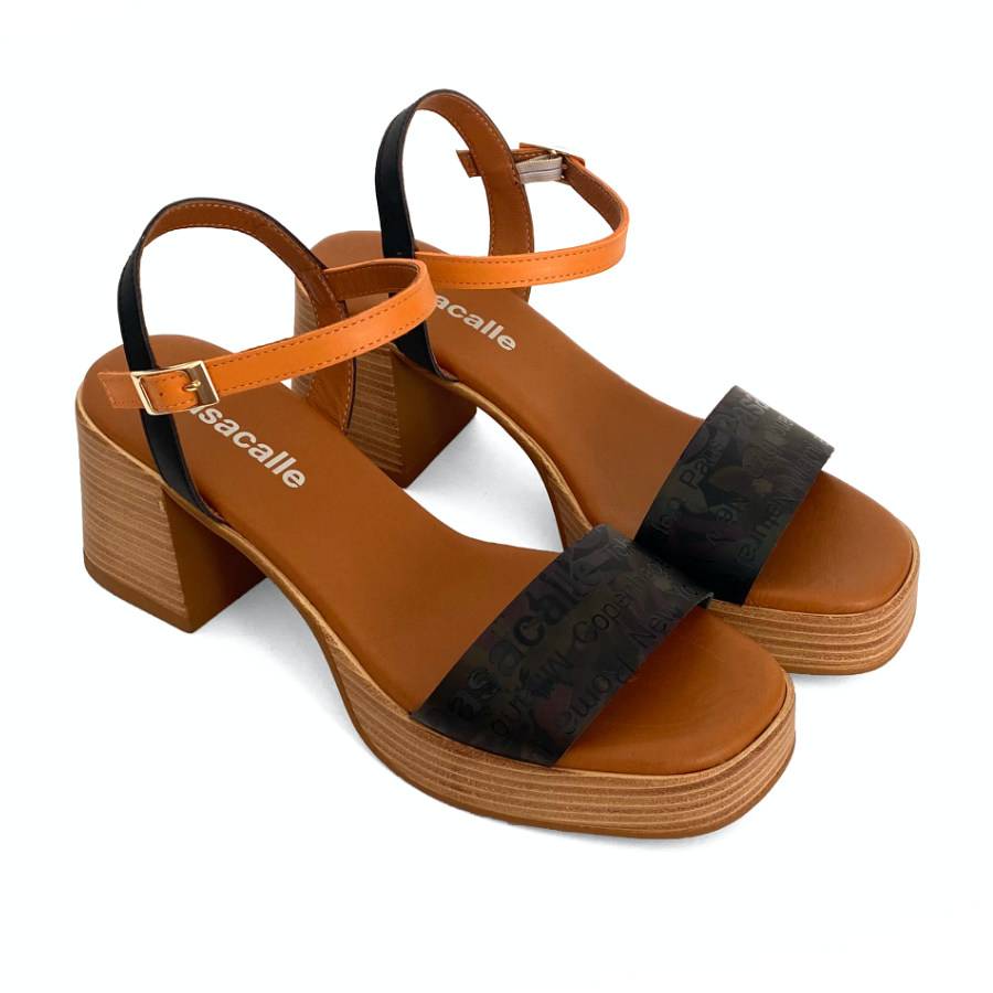 Sandalias con plataforma para mujer en piel negro y mango: imagen 1