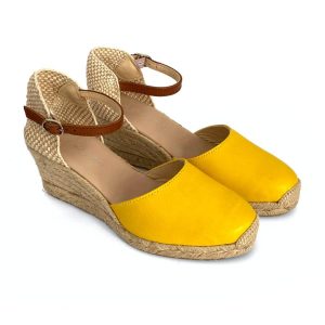 Zapatilla de cuña en yute para mujer en piel amarillo
