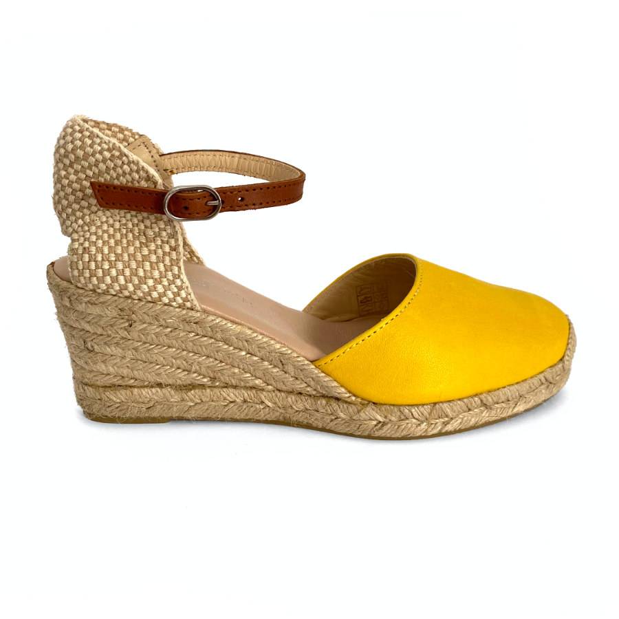 Zapatilla de cuña en yute para mujer en piel amarillo: imagen 1