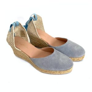 Zapatilla en cuña de yute para mujer en piel celeste