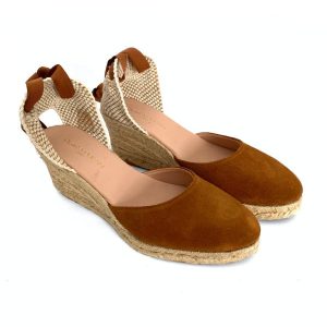 Zapatilla de cuña en yute para mujer en piel cuero
