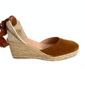 Zapatilla de cuña en yute para mujer en piel cuero
