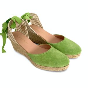 Zapatilla con cuña de yute para mujer en piel verde