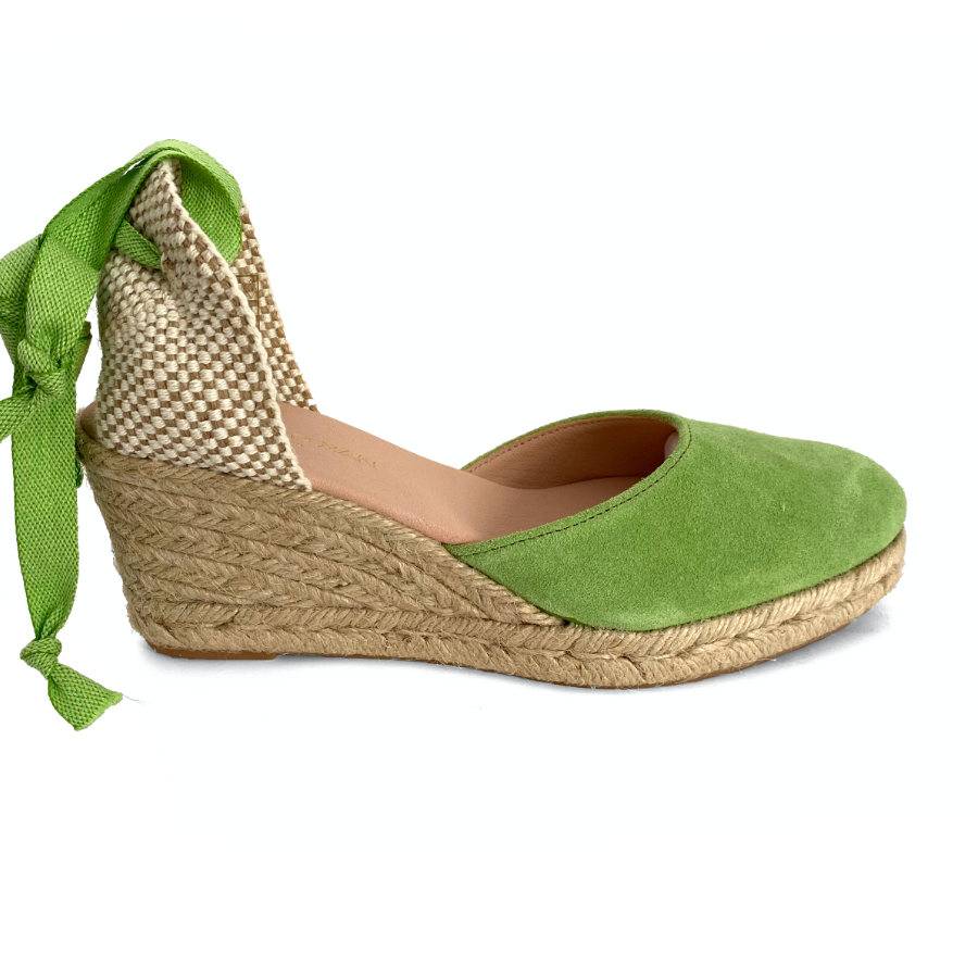 Zapatilla con cuña de yute para mujer en piel verde: imagen 1