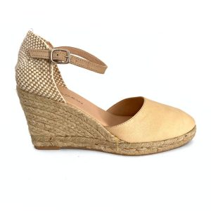 Zapatilla con cuña de yute para mujer en piel beige