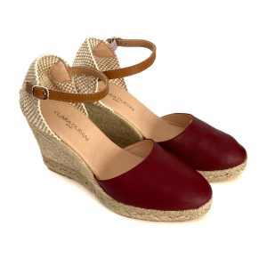 Zapatilla de cuña en yute para mujer en piel burdeos