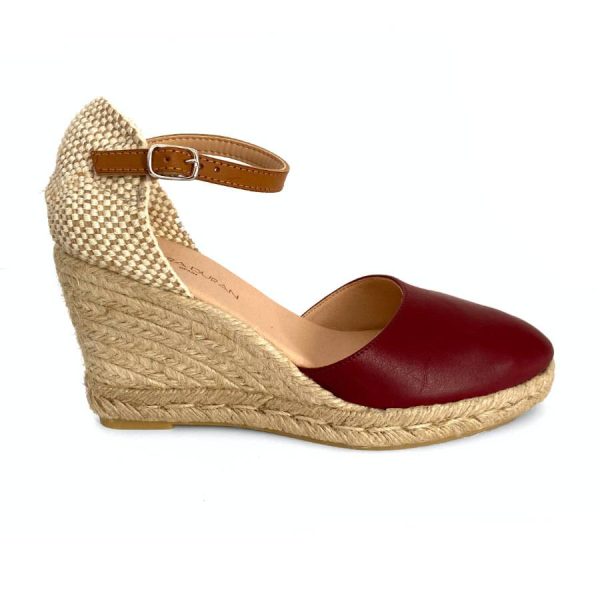 Zapatilla de cuña en yute para mujer en piel burdeos