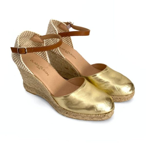 Zapatilla en cuña de yute para mujer en piel metal cava