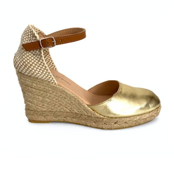 Zapatilla en cuña de yute para mujer en piel metal cava