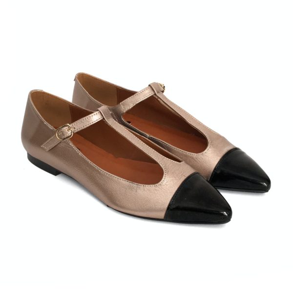 Bailarinas bajas para mujer en piel metal y piel charol negro