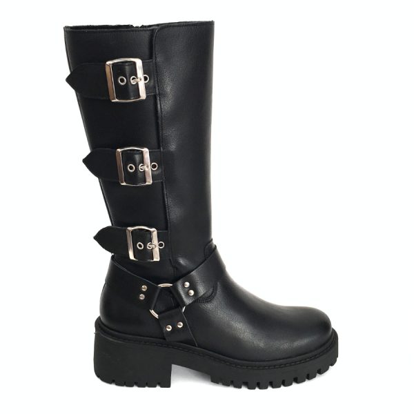 Botas de motorista altas para mujer en piel negra