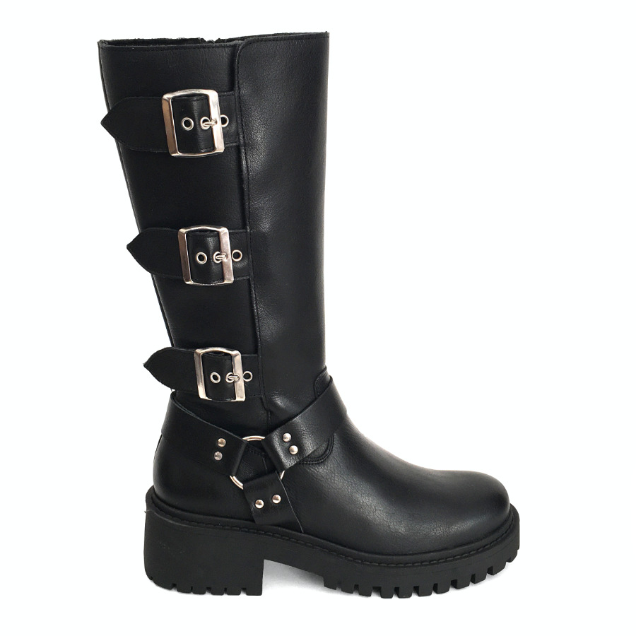 Botas de motorista altas para mujer en piel negra: imagen 1