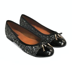 Bailarinas bajas para mujer en glitter plomo y piel charol negro